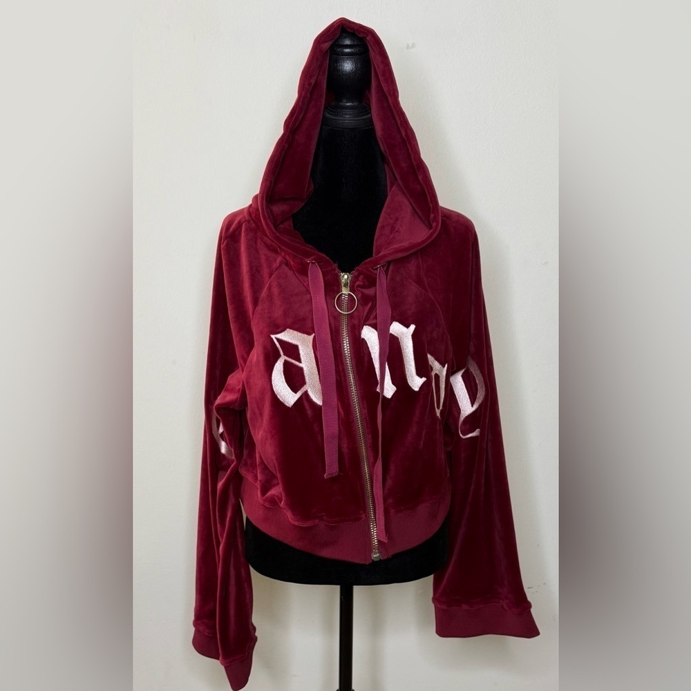 Essue “Candy” red velour crop hoodie, Candy embroidered across front medium EUC